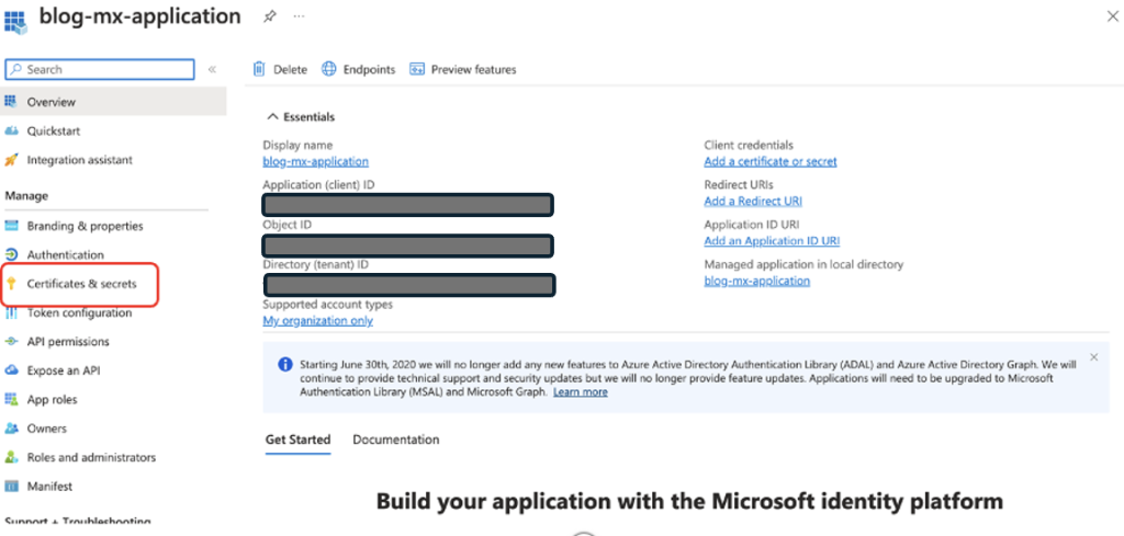 Azure portal view of blog-mx-application settings showing certificates and secrets menu selection
